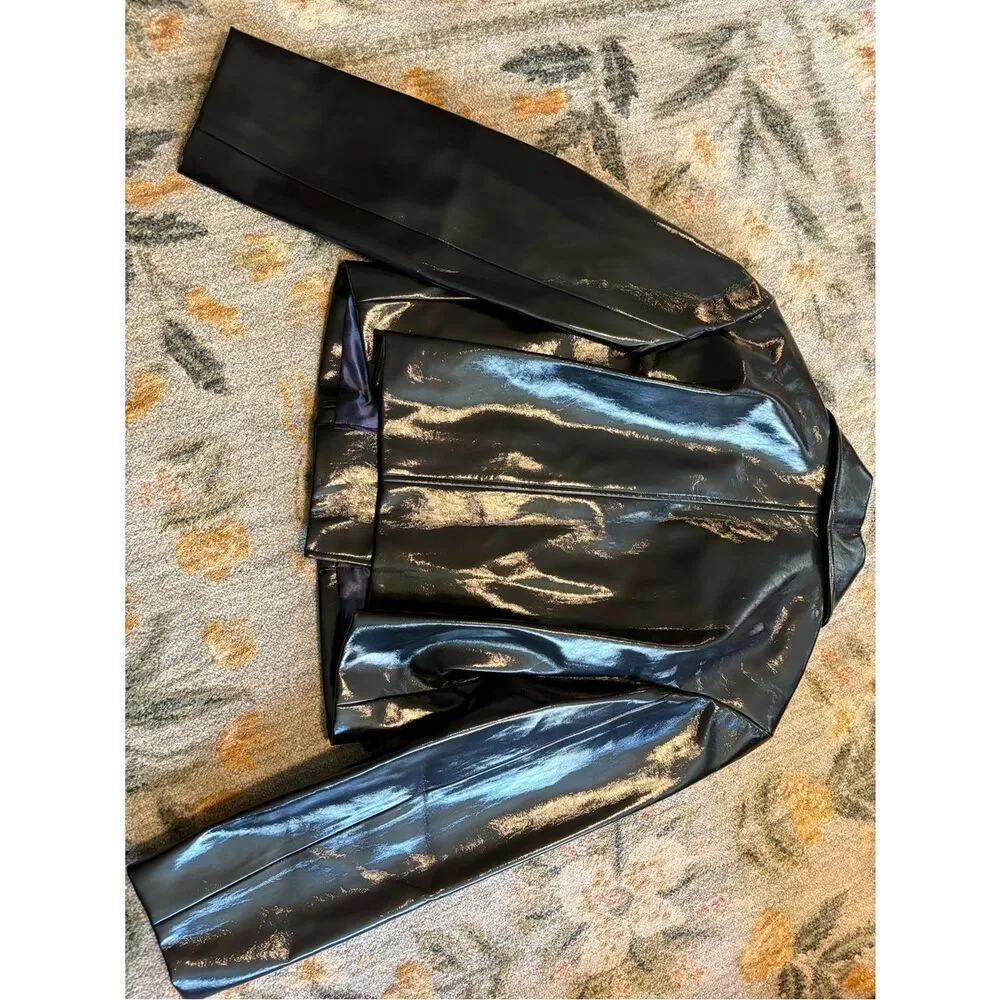 J.Crew Collection Black Cropped Moto Jacket In Faux Patent Leather Sz Large NWT